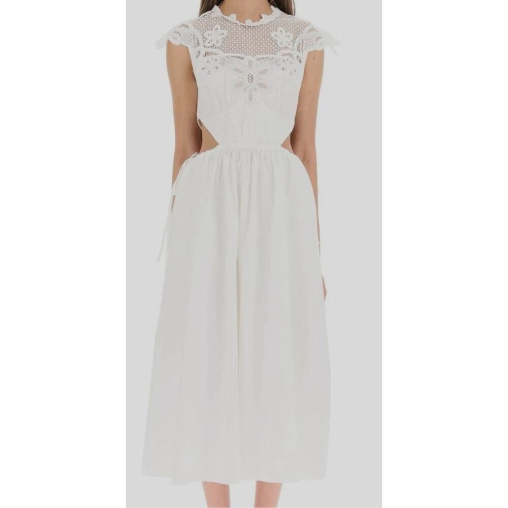 NWT Self-Portrait White Floral Laced Bib Side Cutout Midi Dress Women's 6 Small